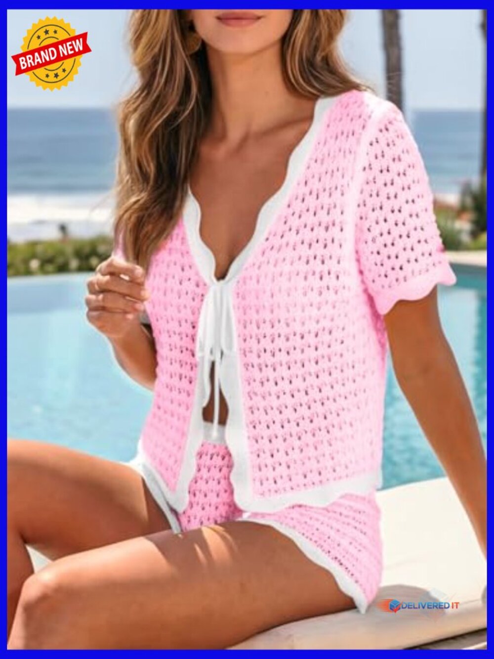 Crochet Cover Up 2 Piece Swimsuit Set Boho Beach Vacation Outfit - Picture 5 of 6